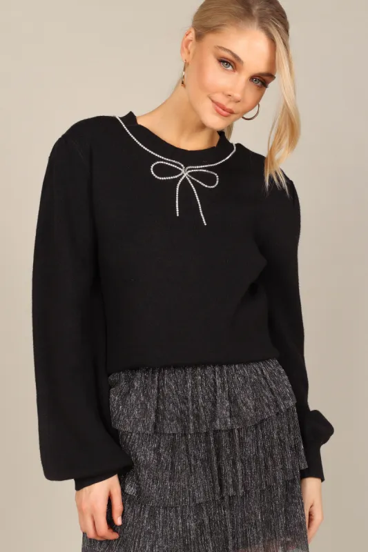 Taylor Rhinestone Bow Knit Sweater - Black sold by Petal & Pup