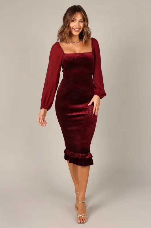 Belinda Shirred Frill Long Sleeve Bodycon Midi Dress - Wine sold by Petal & Pup