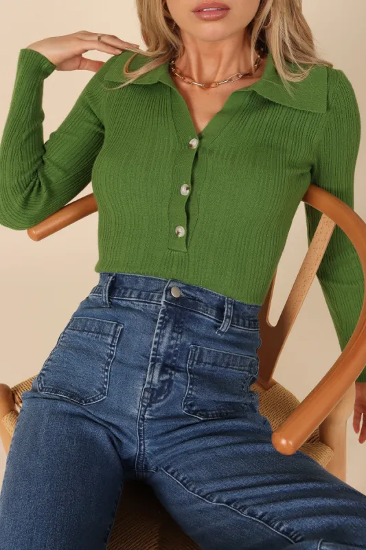 MILEY V NECK COLLARED KNIT TOP - GREEN sold by Petal & Pup