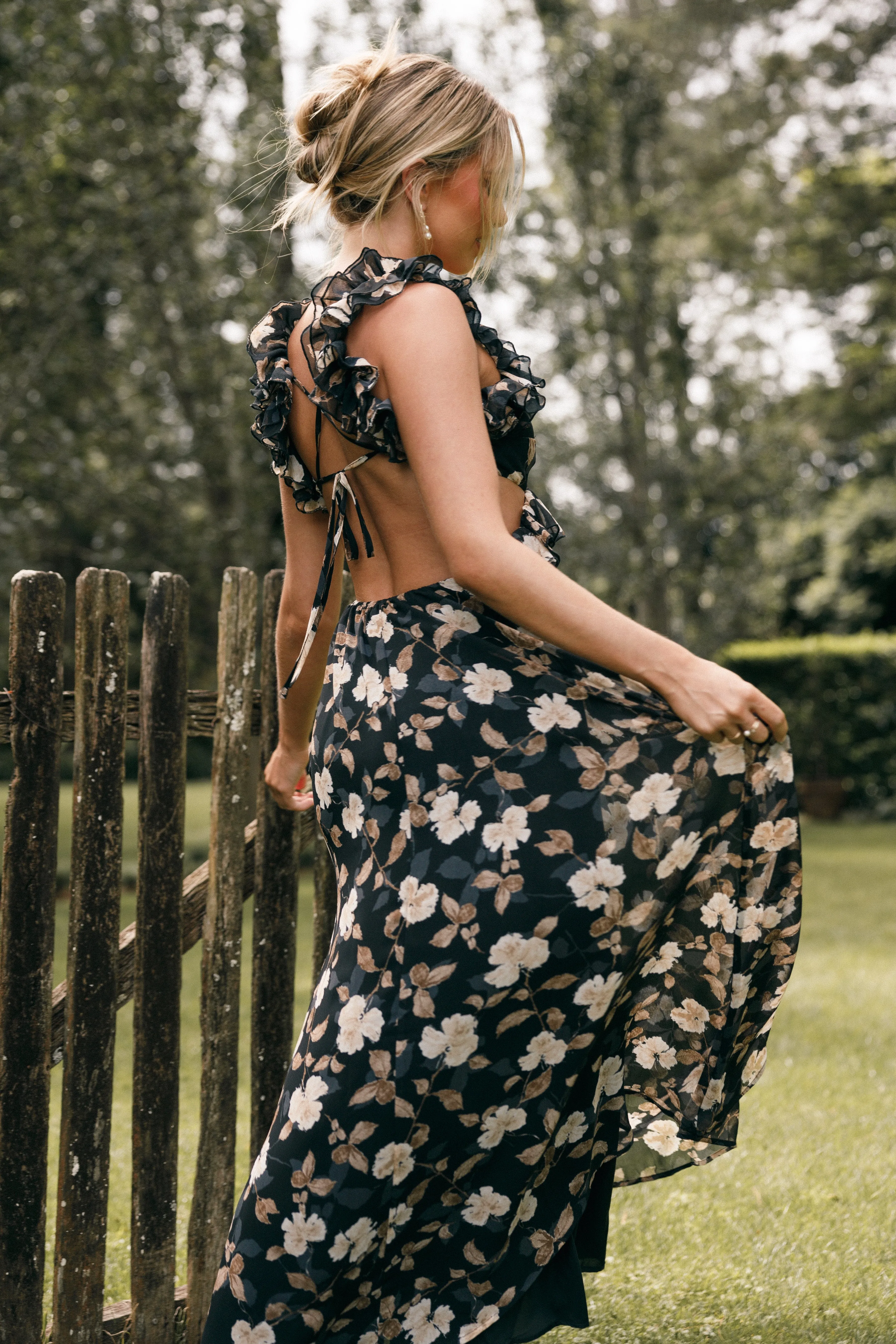 Lucah Frill Shoulder Maxi Dress - Black Floral sold by Petal & Pup product image thumbnail 3