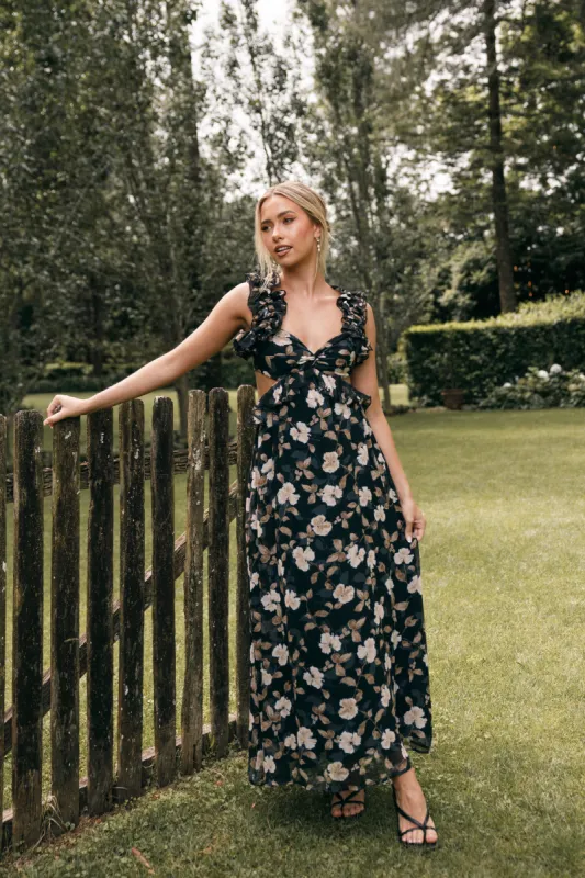 Lucah Frill Shoulder Maxi Dress - Black Floral sold by Petal & Pup