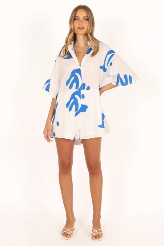 Kellie Romper - White/Blue sold by Petal & Pup