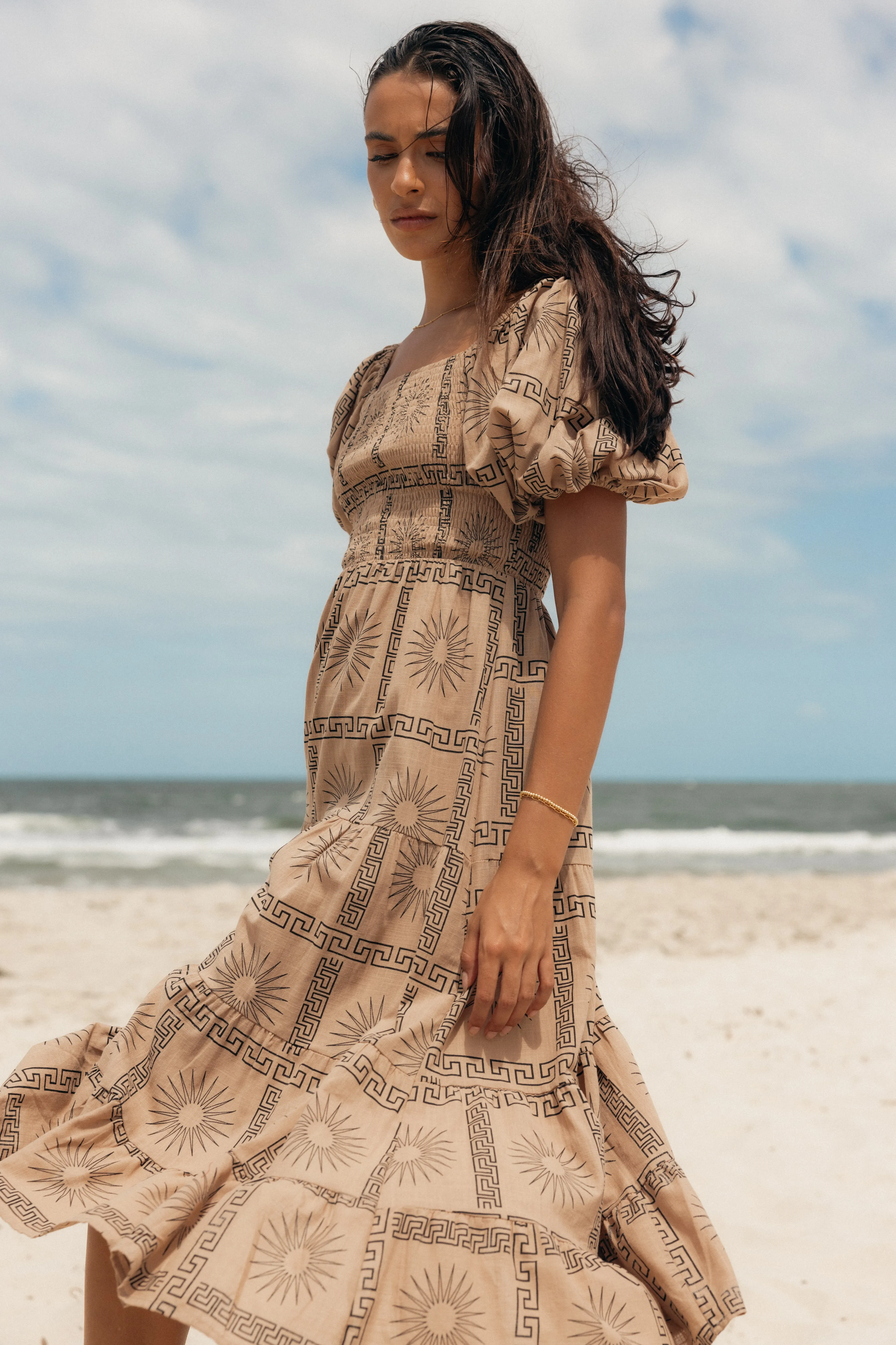 Soliel Puff Sleeve Midi Dress - Tan Black sold by Petal & Pup