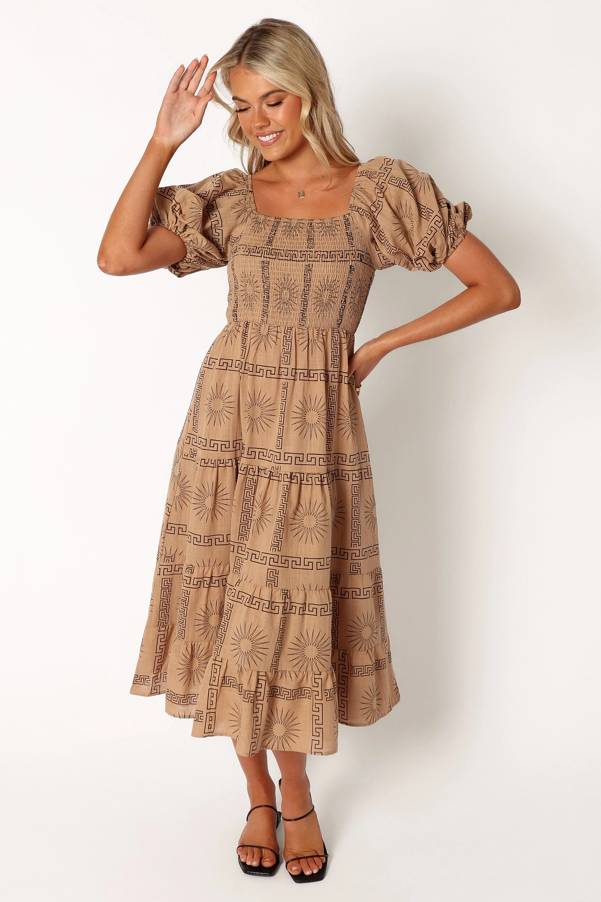 Soliel Puff Sleeve Midi Dress - Tan Black sold by Petal & Pup product image thumbnail 4