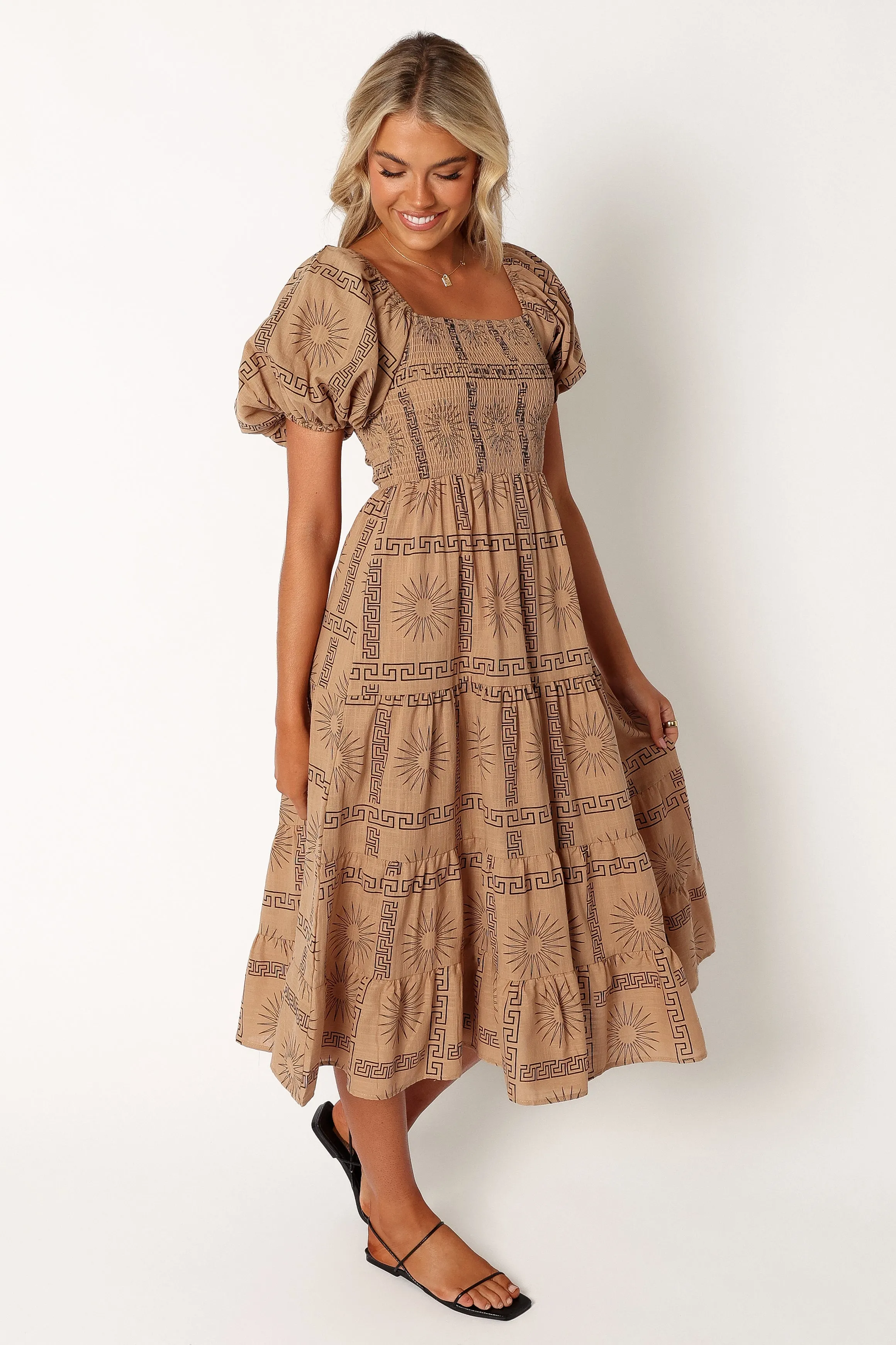 Soliel Puff Sleeve Midi Dress - Tan Black sold by Petal & Pup product image thumbnail 5