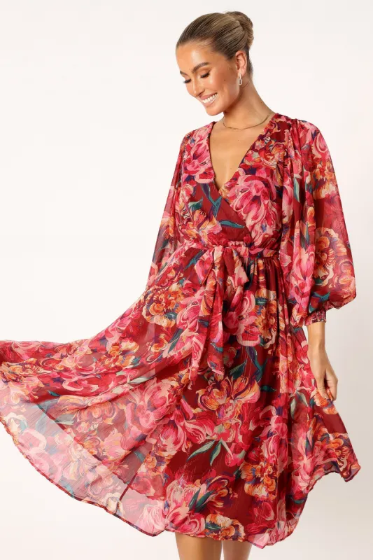 Goldie Longsleeve Midi Dress - Red Floral sold by Petal & Pup