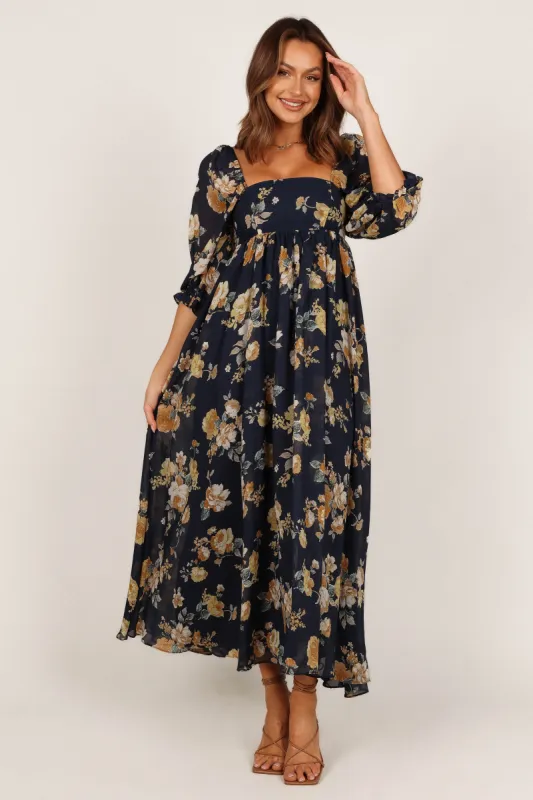 Luanne Puff Sleeve Midi Dress - Navy Floral made by Petal & Pup