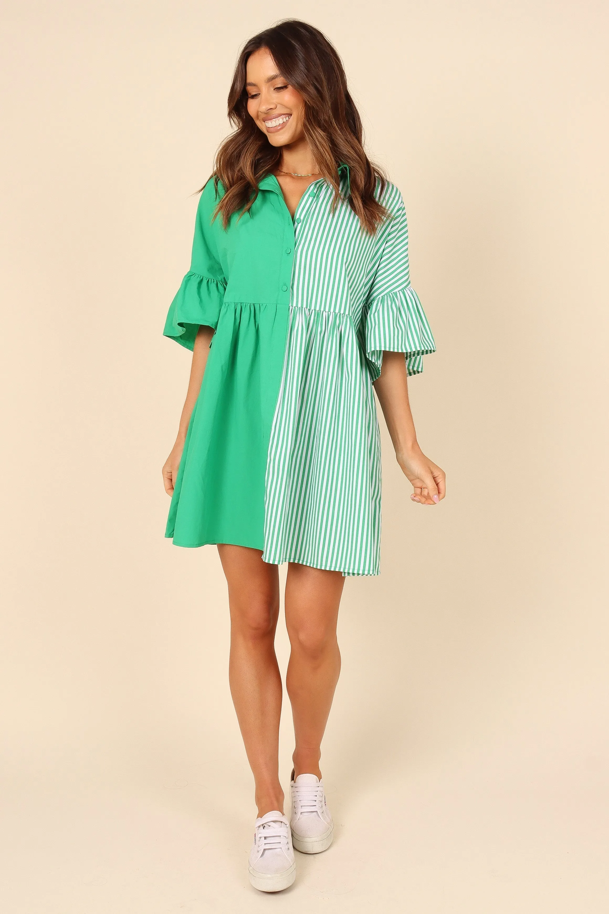 Didi Frill Mini Dress - Green Stripe sold by Petal & Pup