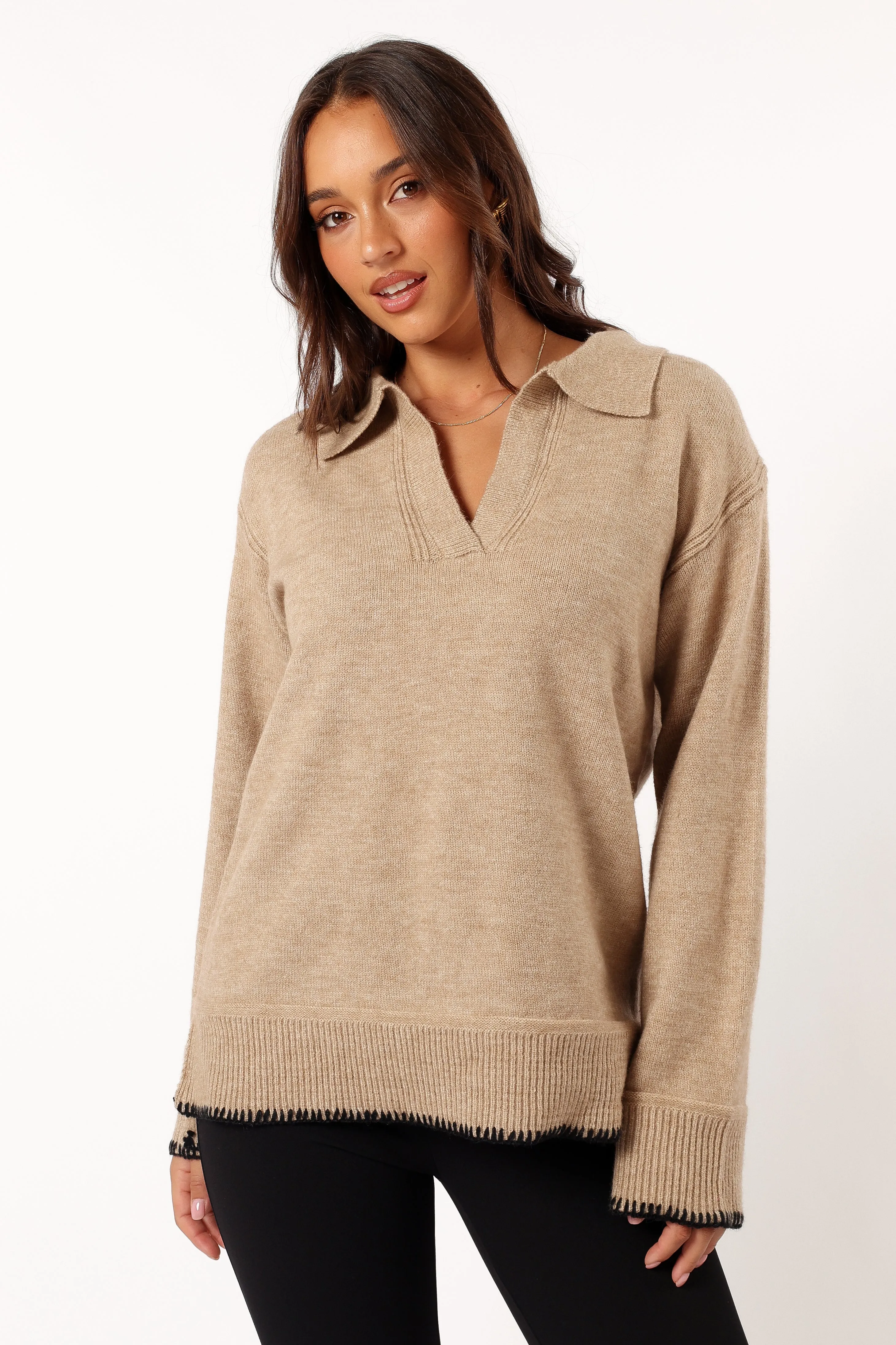 Elise Contrast Hem Knit Sweater - Taupe sold by Petal & Pup product image thumbnail 2