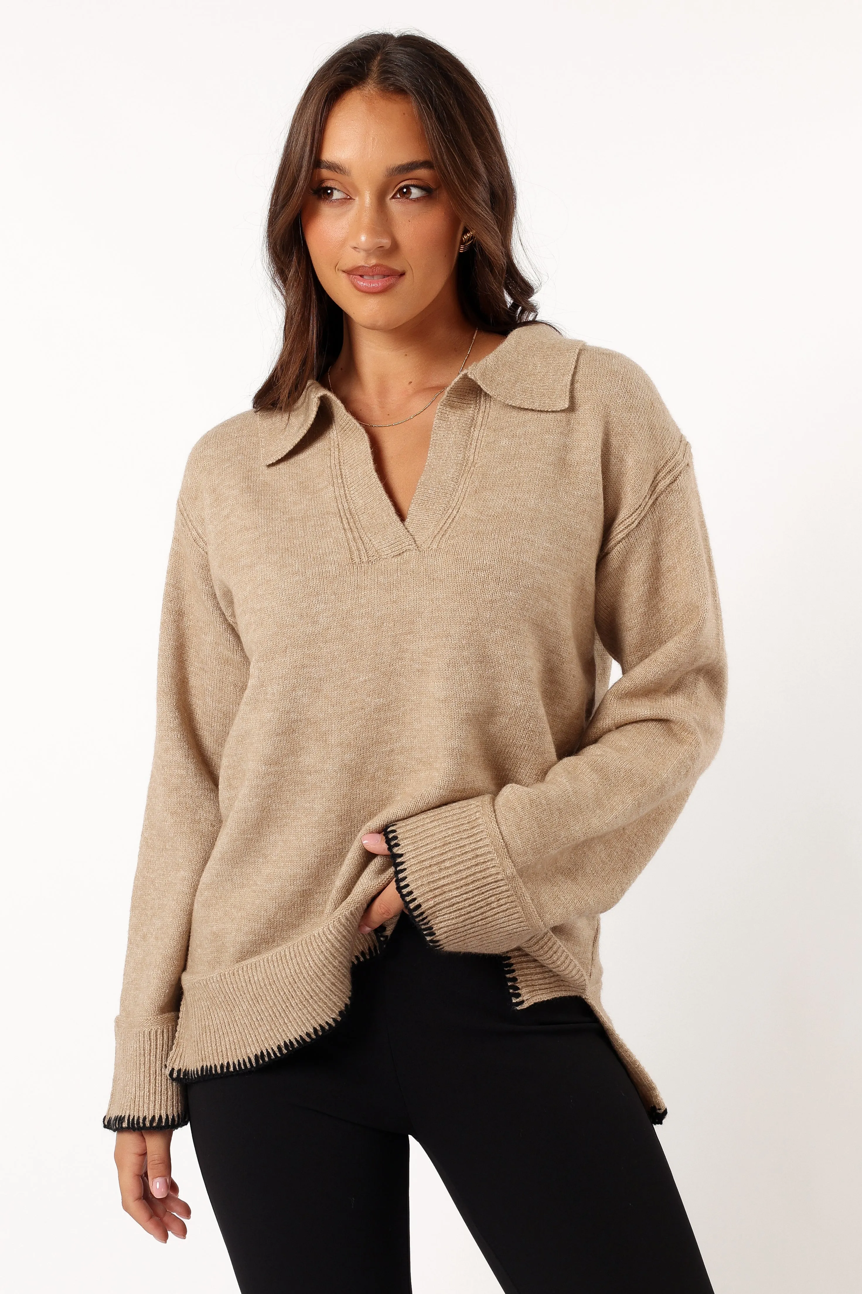 Elise Contrast Hem Knit Sweater - Taupe sold by Petal & Pup