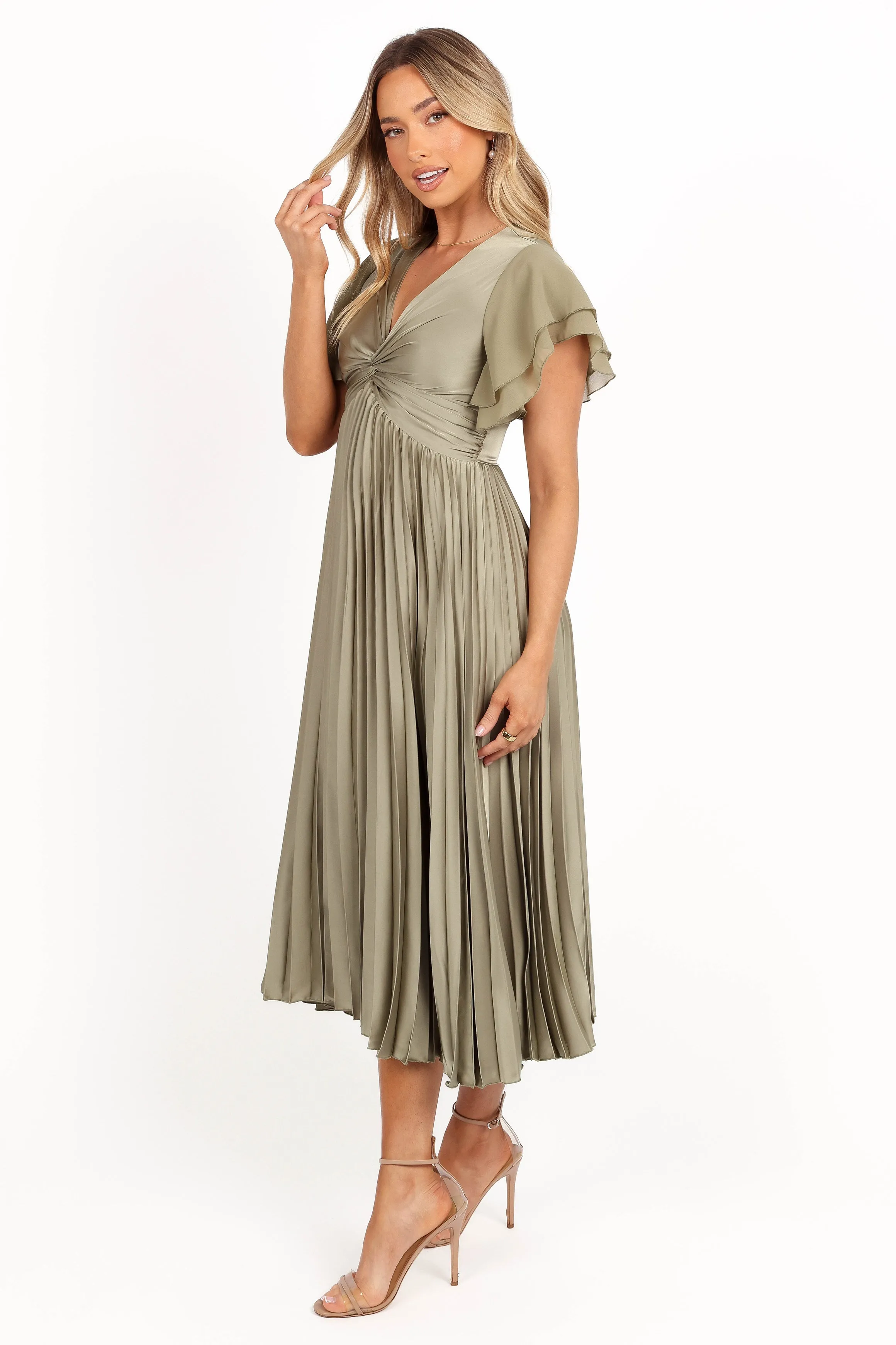 Nova Flutter Sleeve Midi Dress - Olive sold by Petal & Pup product image thumbnail 5