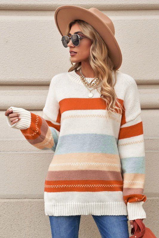 Drop-shoulder Striped Color Block Sweater - Cream Multi sold by Petal & Pup product image thumbnail 3