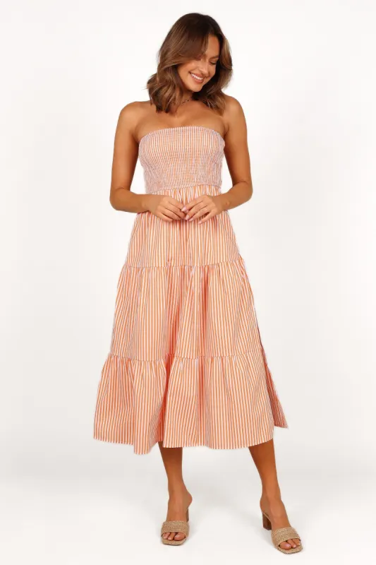 Maisie Strapless Midi Dress - Orange Stripe sold by Petal & Pup