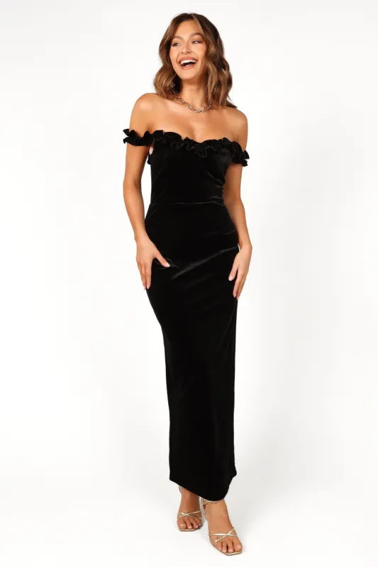 Celeste Off Shoulder Velvet Maxi Dress - Black sold by Petal & Pup