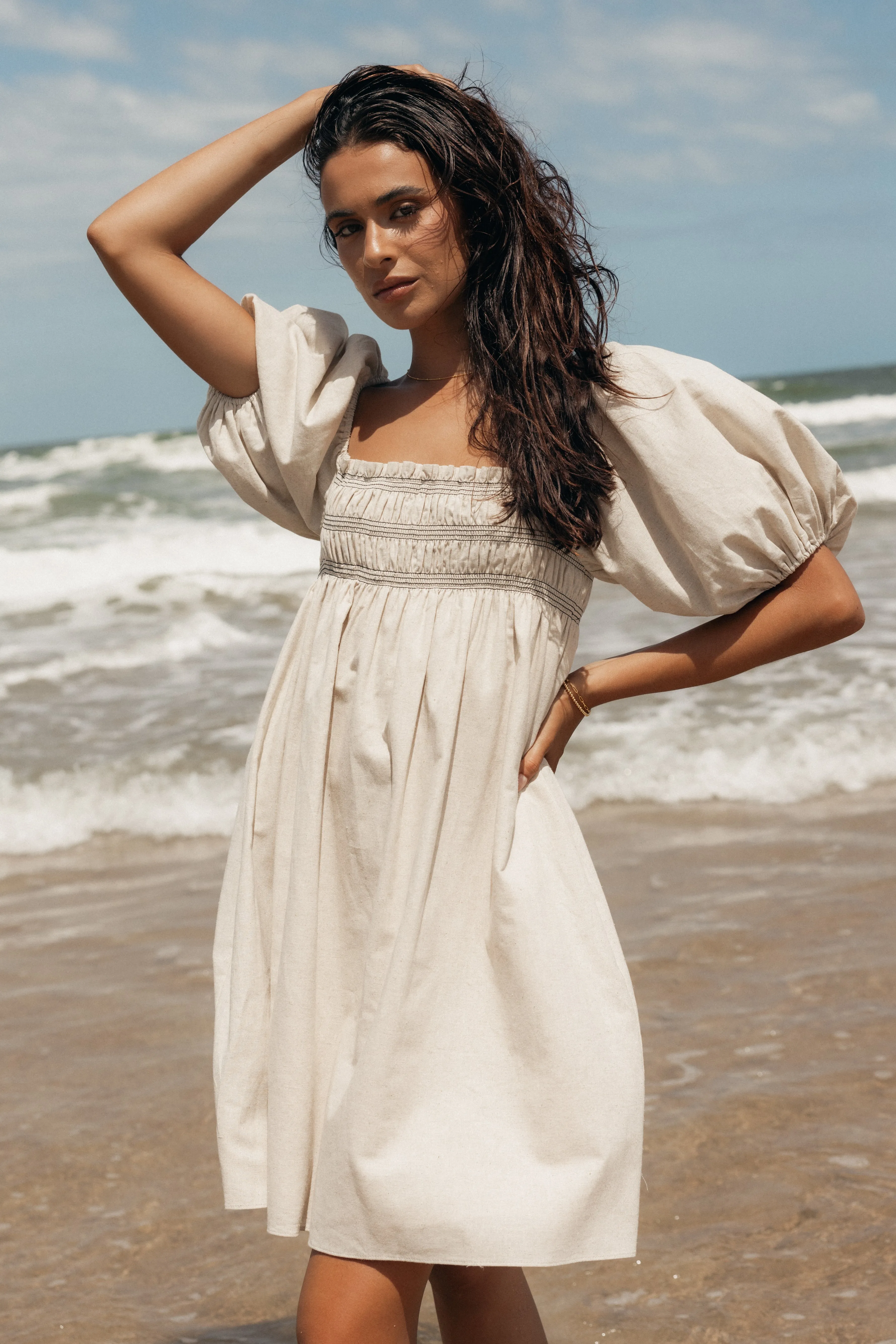 Jorja Contrast Stitch Mini Dress - Oatmeal sold by Petal & Pup