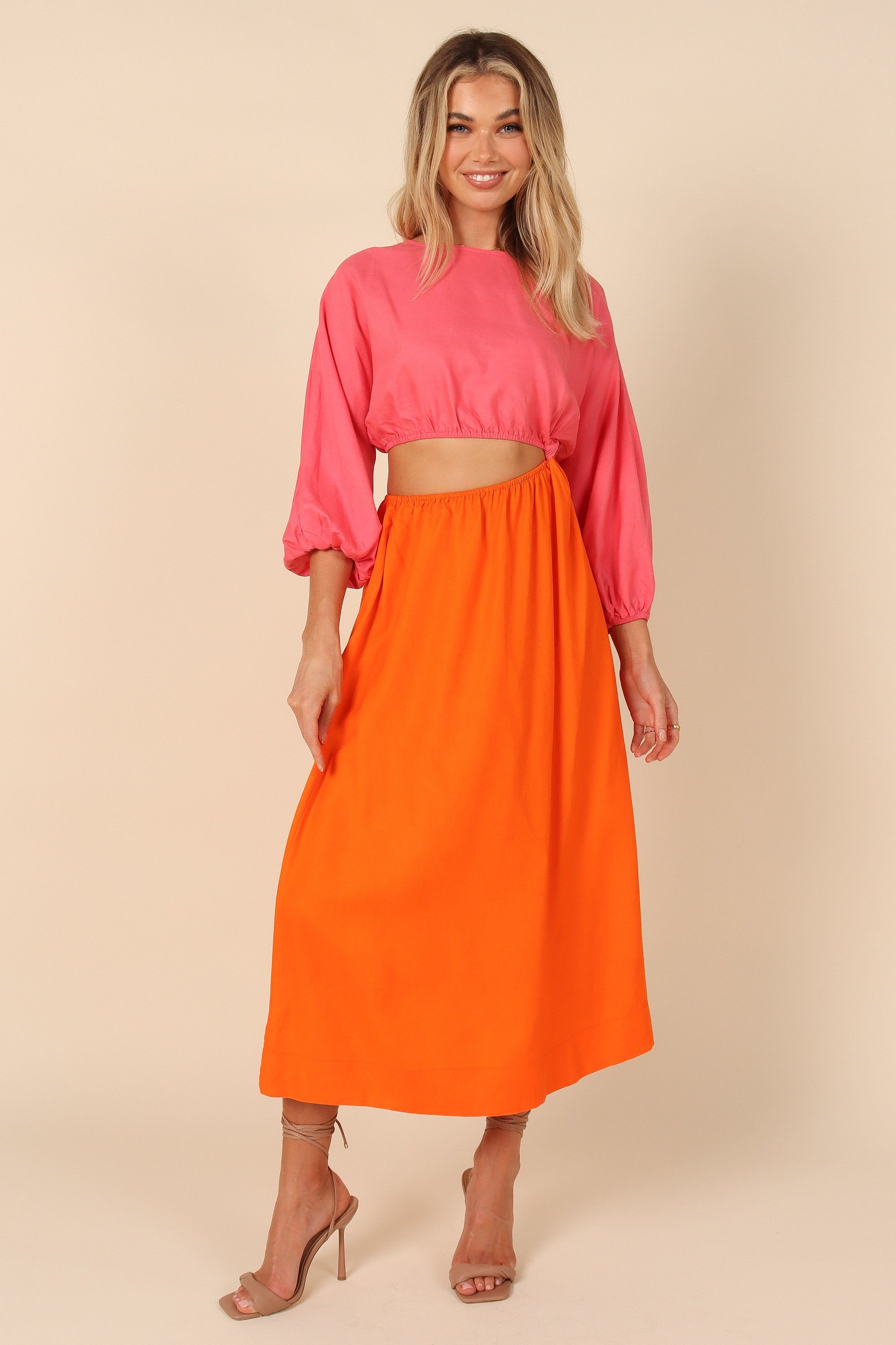 Affection Mid Sleeve Waist Cutout Midi Dress - Pink/Orange sold by Petal & Pup