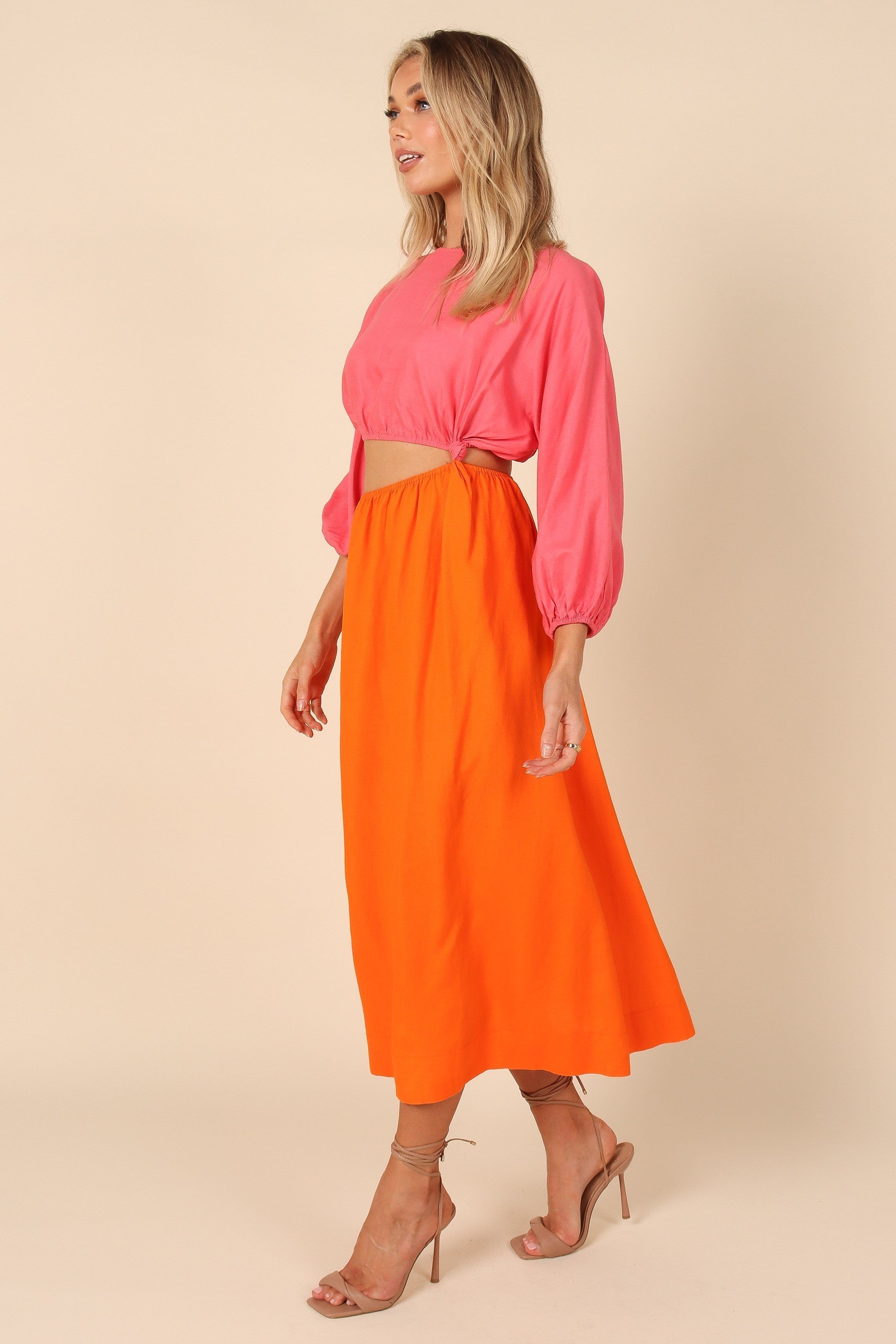 Affection Mid Sleeve Waist Cutout Midi Dress - Pink/Orange sold by Petal & Pup product image thumbnail 4