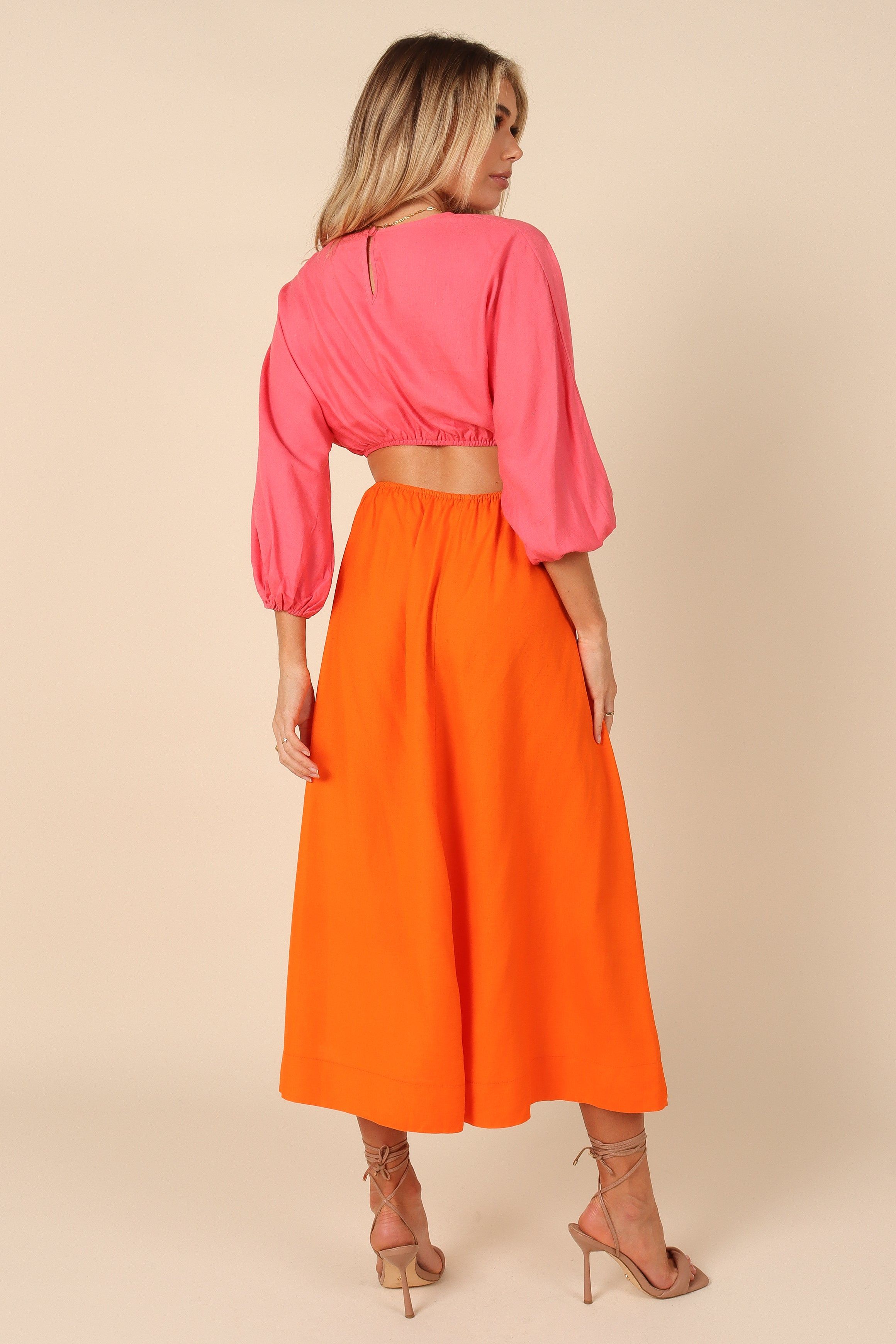 Affection Mid Sleeve Waist Cutout Midi Dress - Pink/Orange sold by Petal & Pup product image thumbnail 3