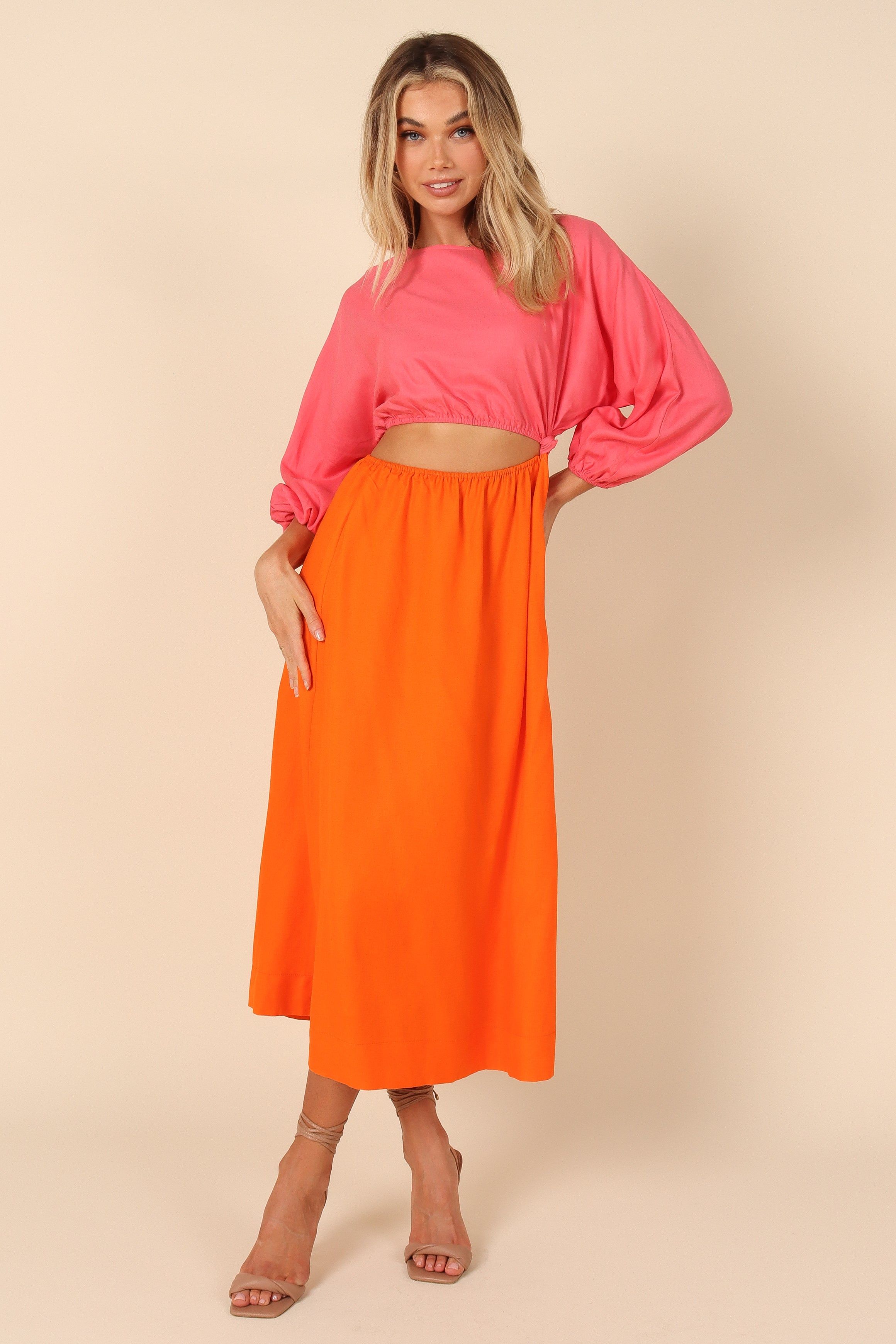 Affection Mid Sleeve Waist Cutout Midi Dress - Pink/Orange sold by Petal & Pup product image thumbnail 2