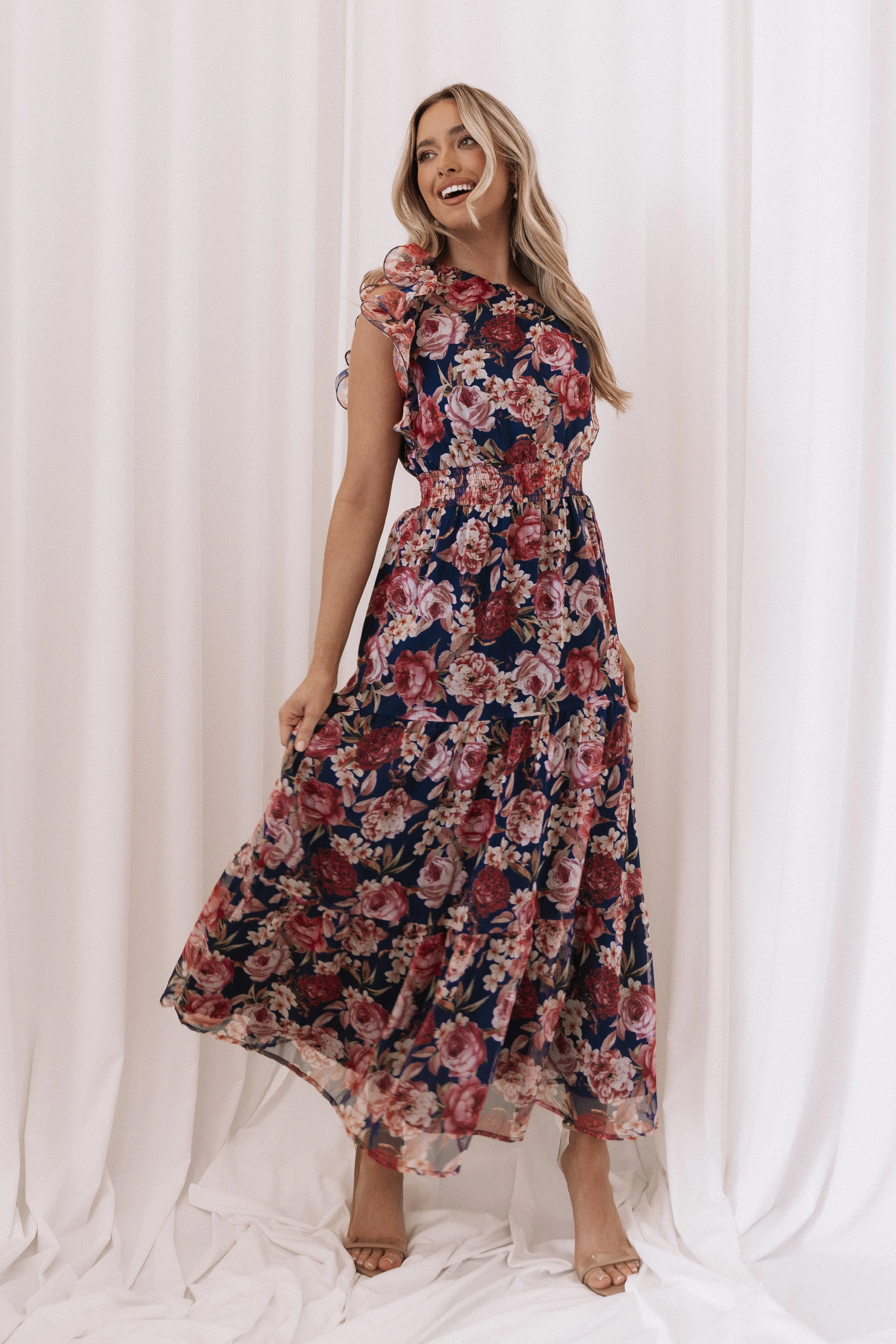 Layley One Shoulder Maxi Dress - Navy Floral sold by Petal & Pup
