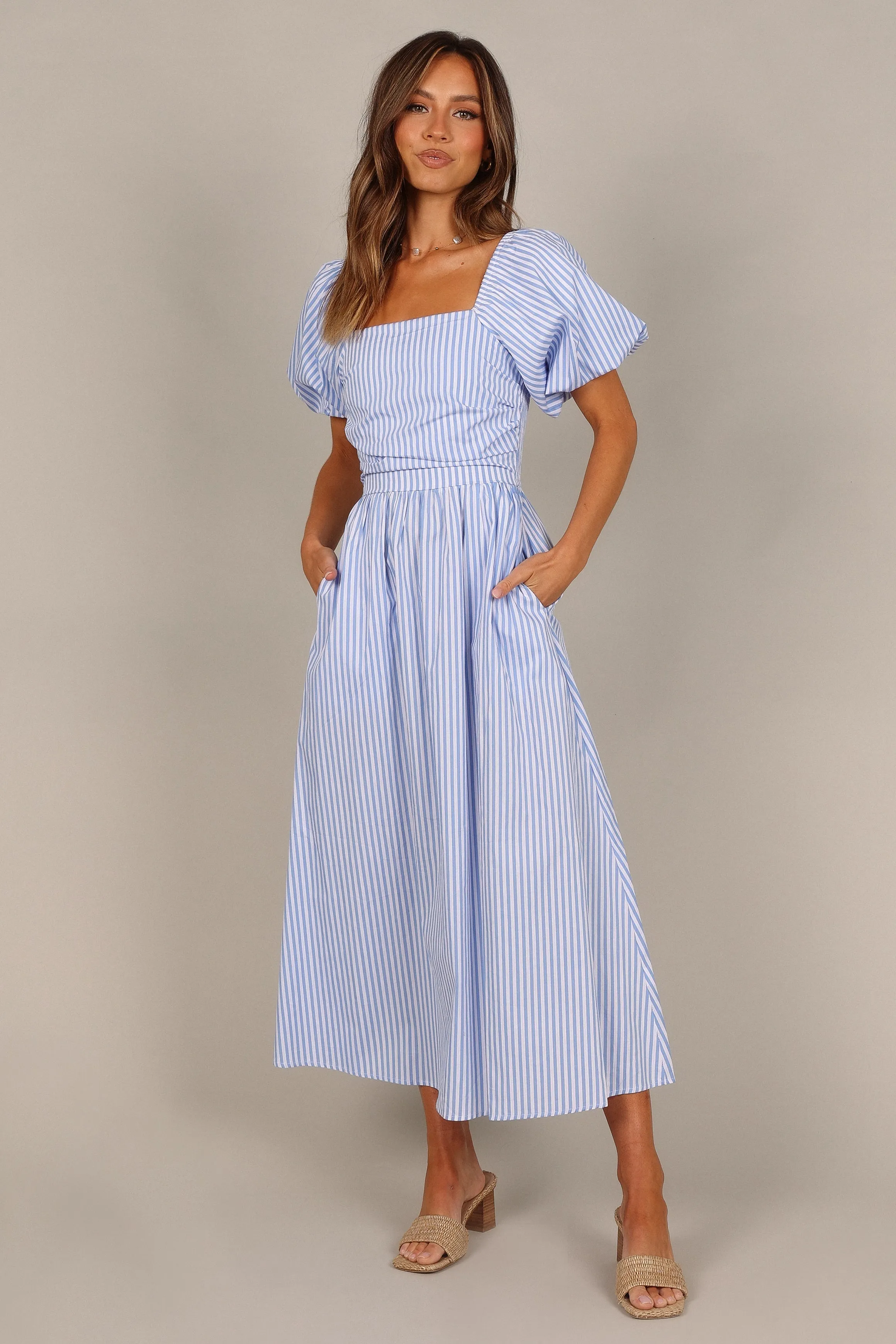 Clo Puff Sleeve Midi Dress - Blue Stripe sold by Petal & Pup