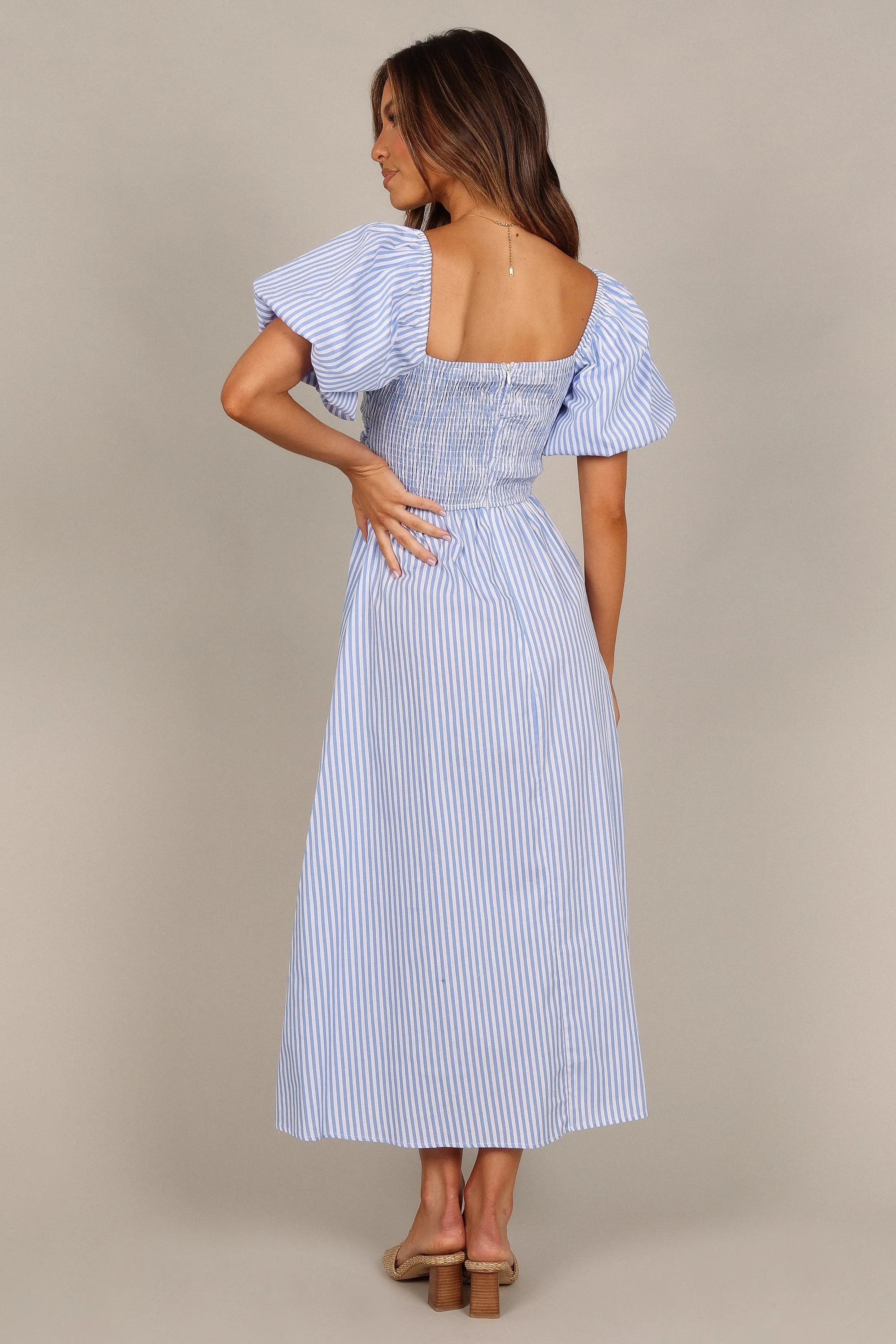 Clo Puff Sleeve Midi Dress - Blue Stripe sold by Petal & Pup product image thumbnail 4