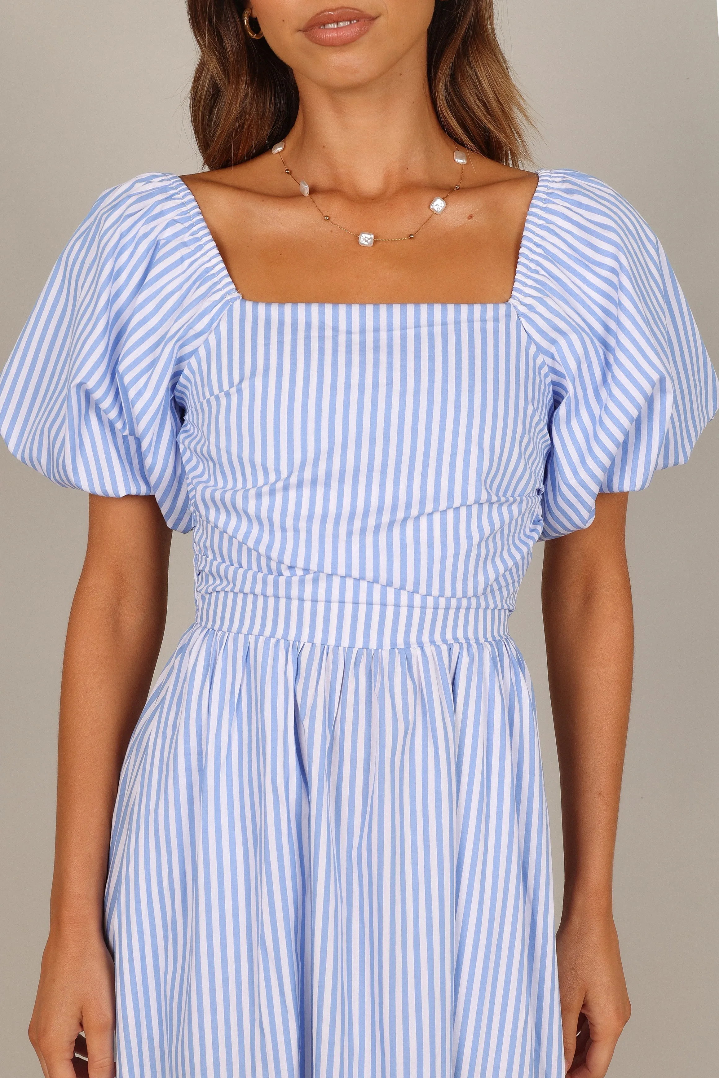 Clo Puff Sleeve Midi Dress - Blue Stripe sold by Petal & Pup product image thumbnail 2