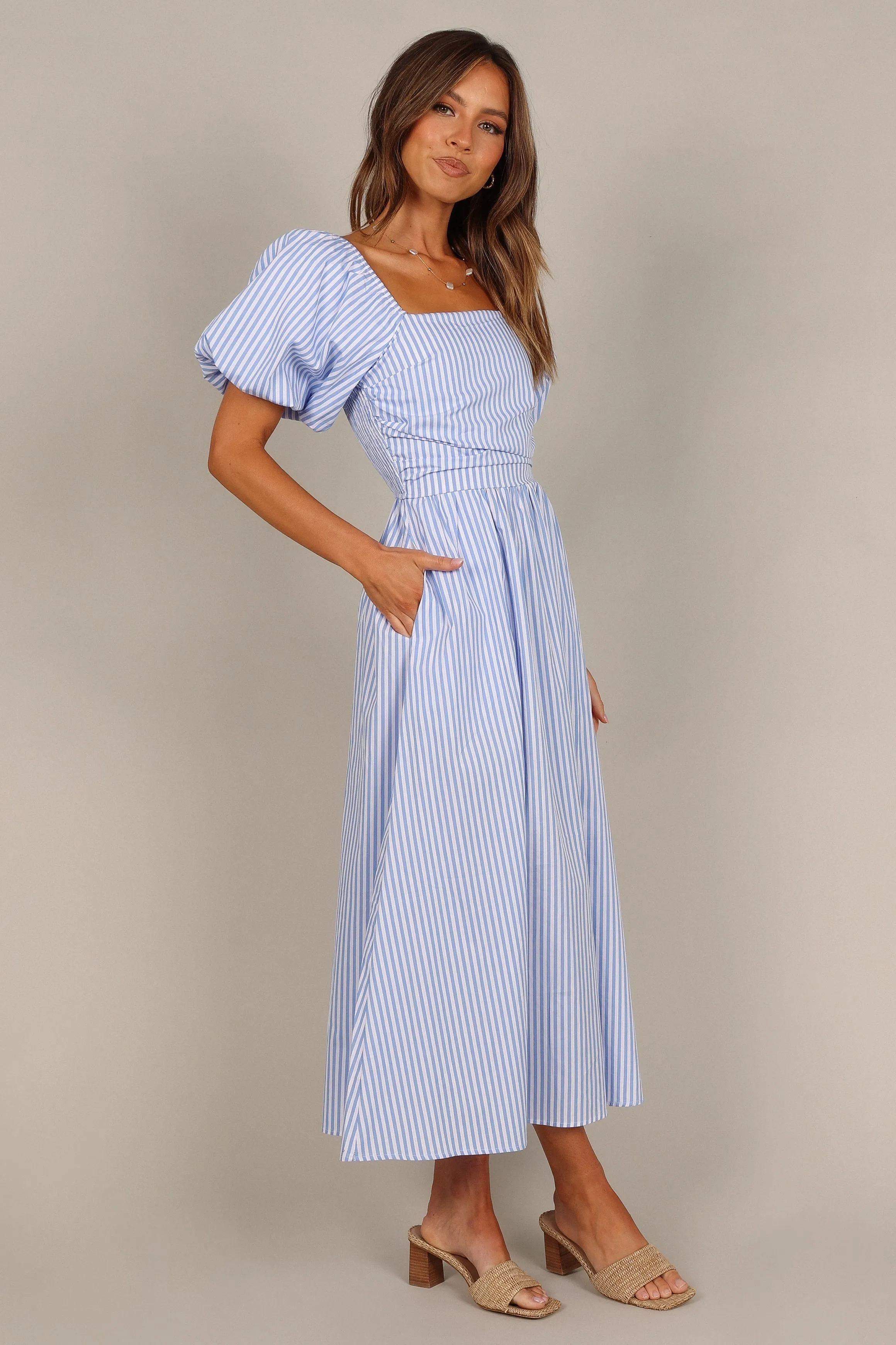 Clo Puff Sleeve Midi Dress - Blue Stripe sold by Petal & Pup product image thumbnail 5