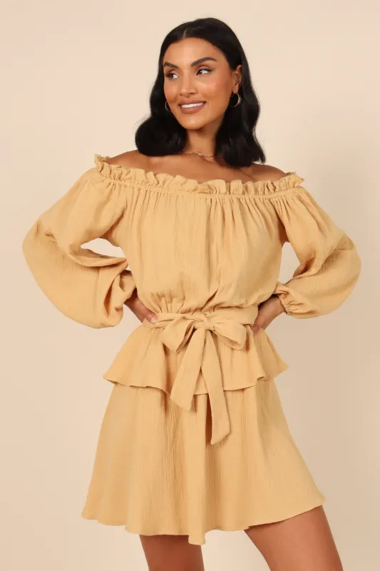Callie Off Shoulder Mini Dress - Mustard sold by Petal & Pup