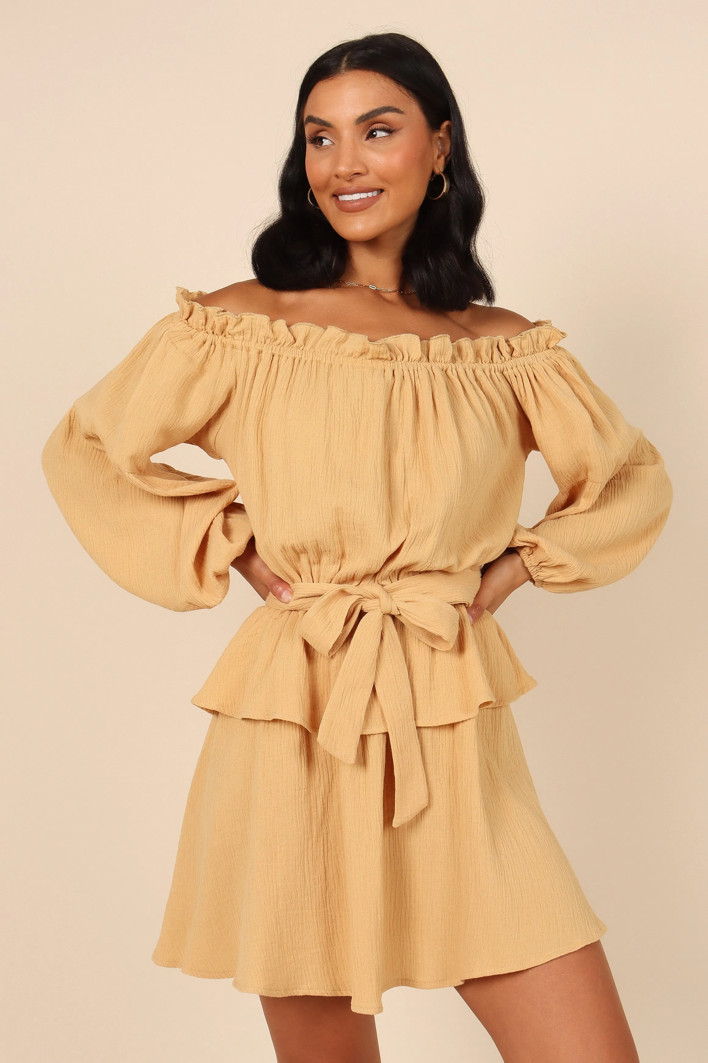 Callie Off Shoulder Mini Dress - Mustard sold by Petal & Pup