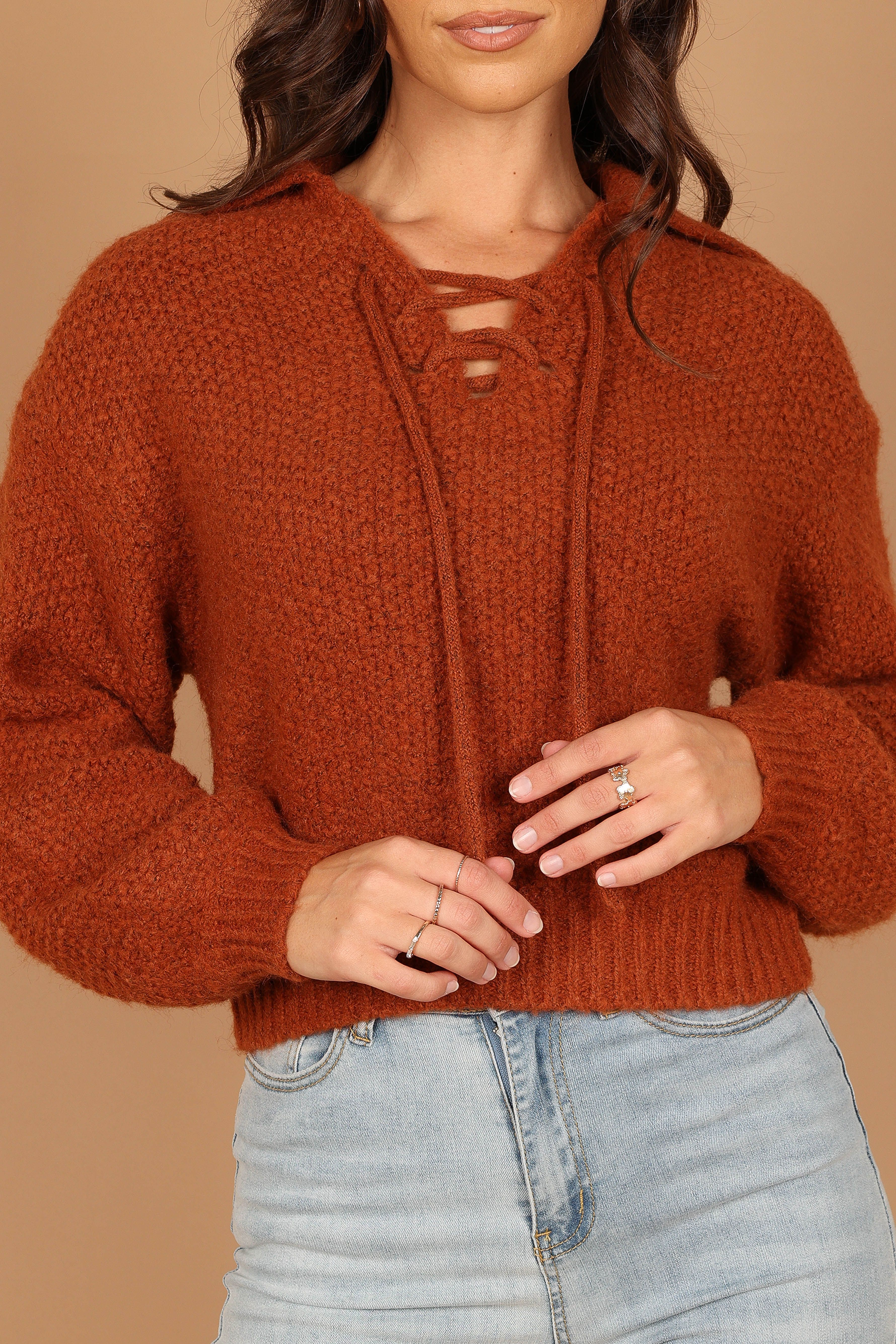 Cate Tie Neck Knit Sweater - Rust sold by Petal & Pup product image thumbnail 2