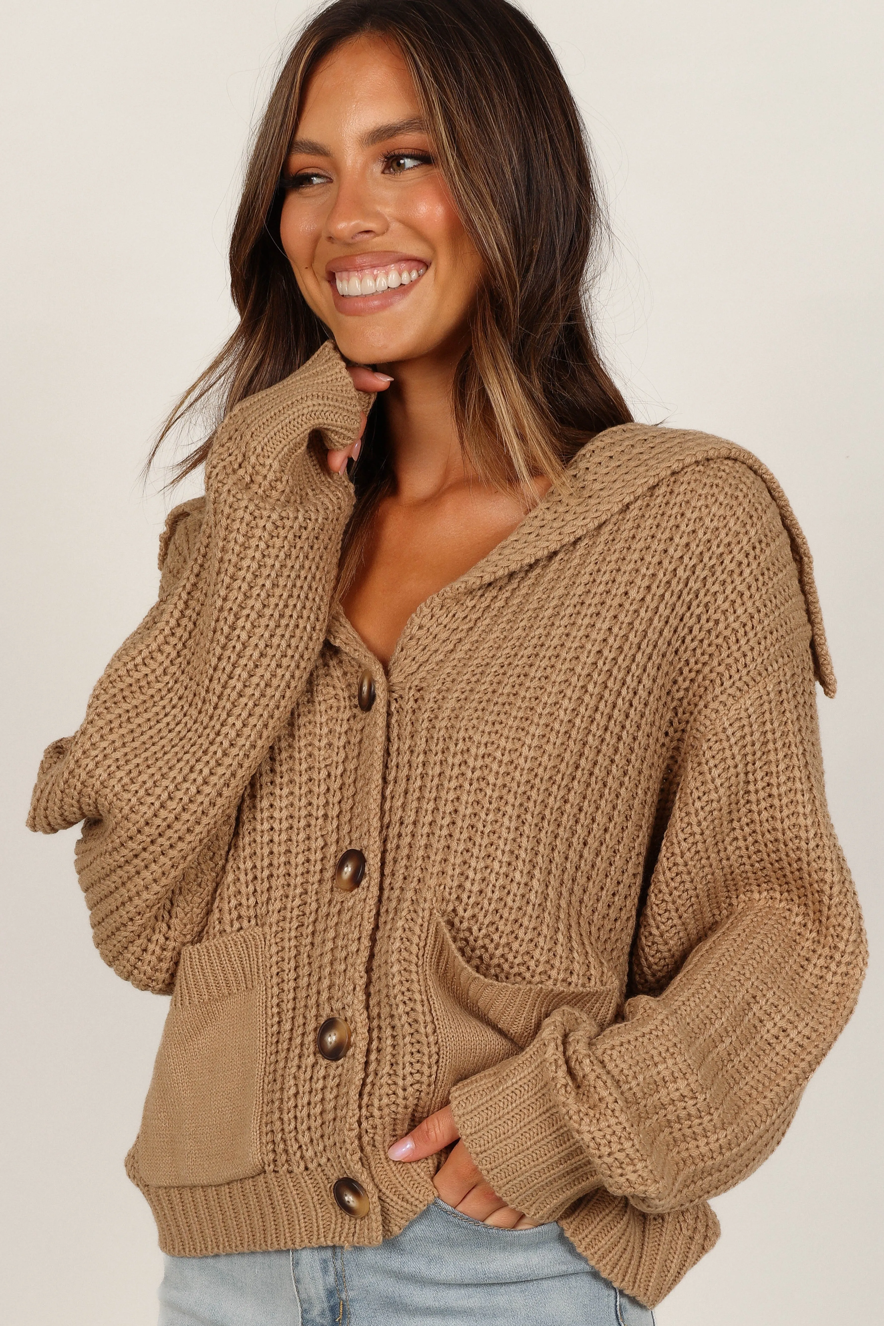 Amelia Oversize Collar Button Cardigan - Camel sold by Petal & Pup