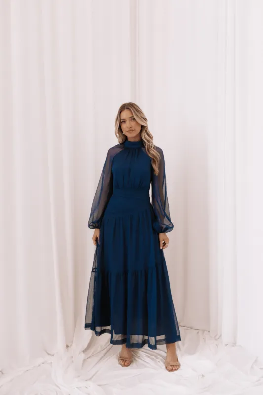 Julip Sheer Long Sleeve Maxi Dress - Navy sold by Petal & Pup