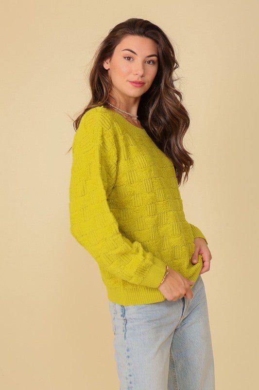 Basket Weave Pattern Knit Sweater - Chartreuse sold by Petal & Pup product image thumbnail 3