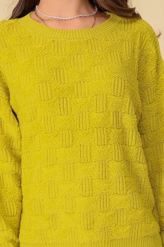 Basket Weave Pattern Knit Sweater - Chartreuse sold by Petal & Pup product image thumbnail 5