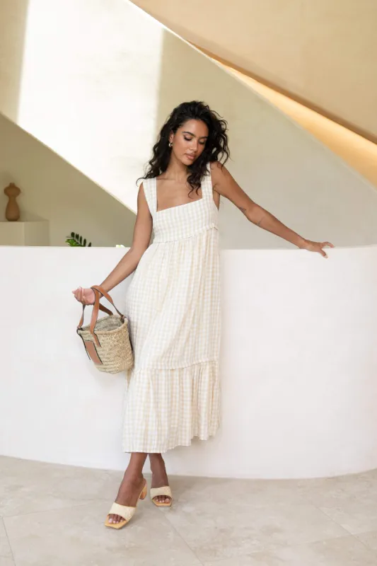 Prudence Dress - Beige Gingham sold by Petal & Pup