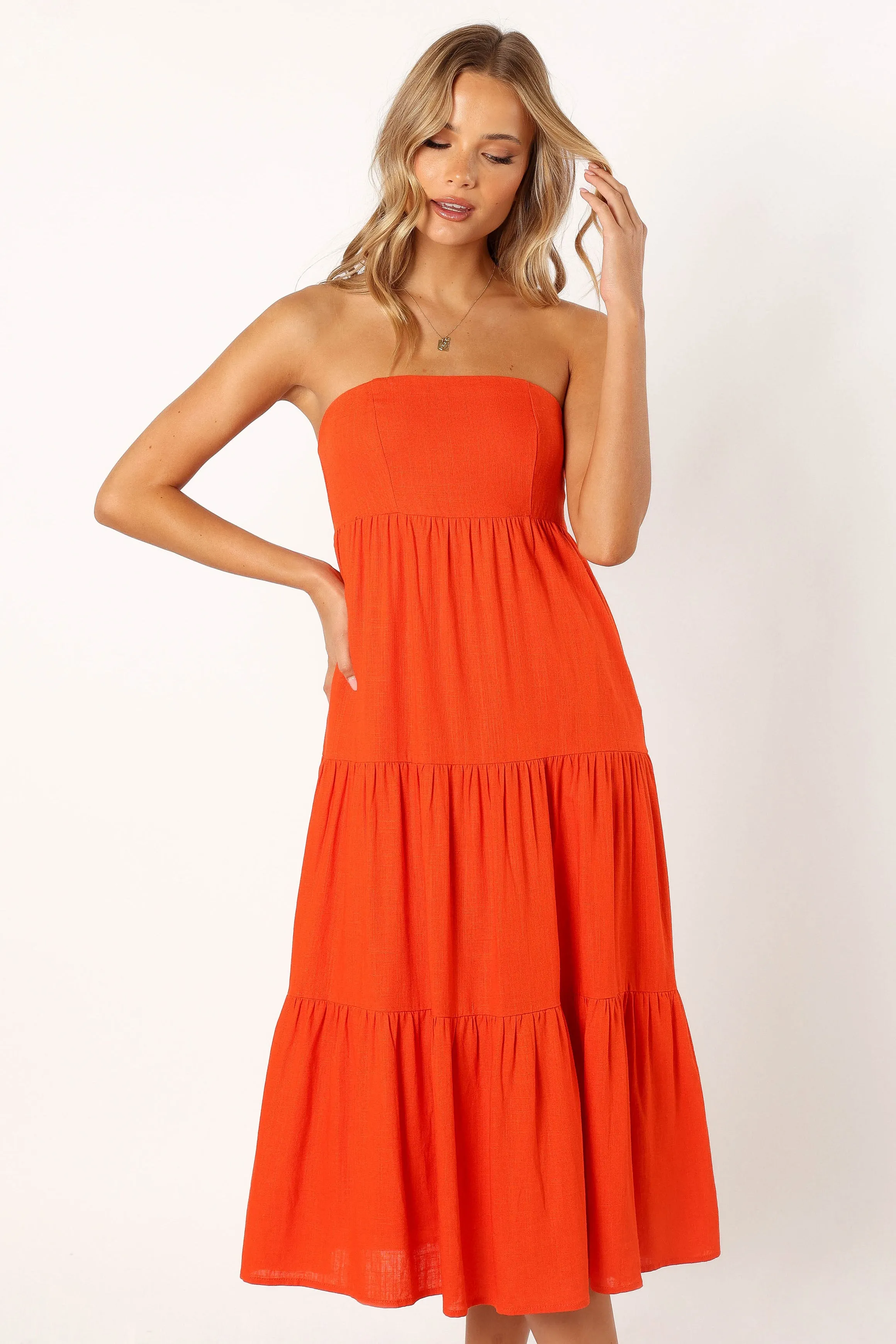 Tabi Strapless Midi Dress - Coral Red sold by Petal & Pup product image thumbnail 4