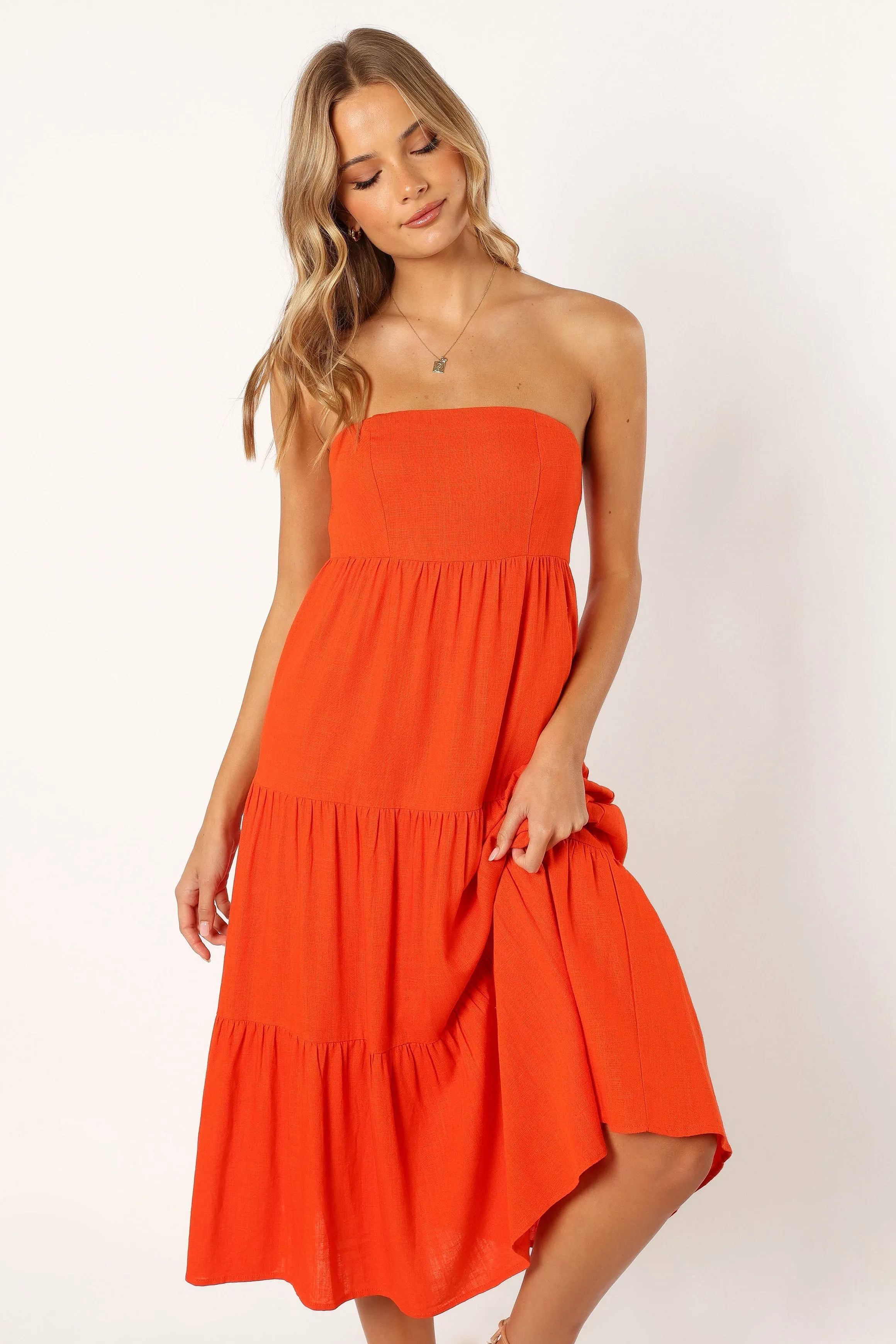 Tabi Strapless Midi Dress - Coral Red sold by Petal & Pup