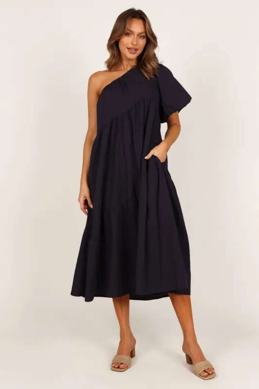 Stephanie One Shoulder Puff Sleeve Midi Dress - Navy sold by Petal & Pup