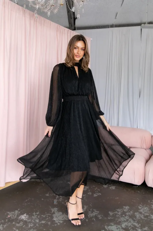 Portia Pleated Long Sleeve Midi Dress - Black Metallic made by Petal & Pup