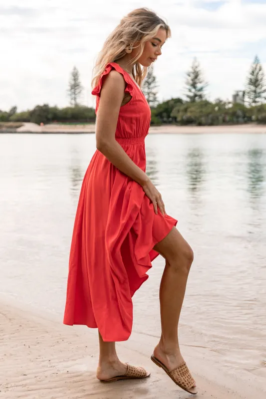 Cassatt Frill Cap Sleeve Midi Dress - Red sold by Petal & Pup