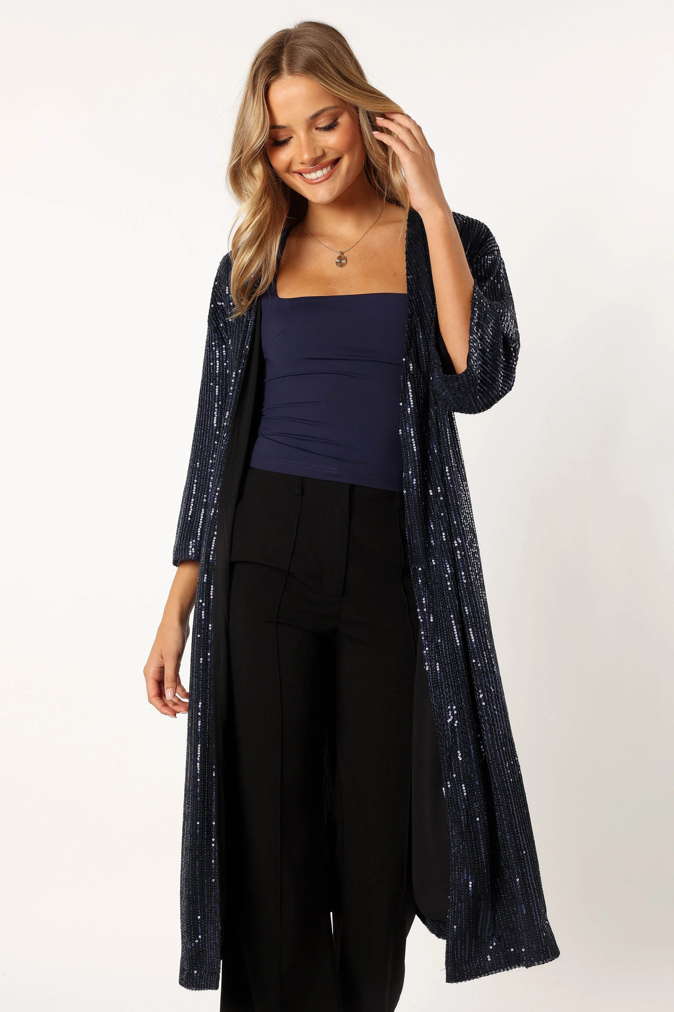 Karsyn Open Front Sequin Duster - Navy sold by Petal & Pup