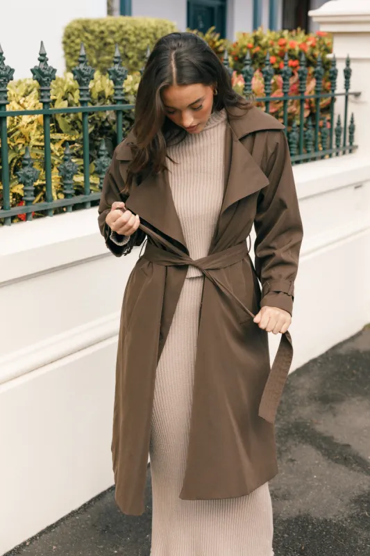 Billy Button Front Trench Coat - Chocolate Brown sold by Petal & Pup
