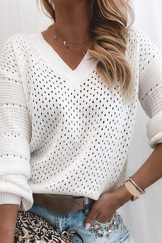 Hollow Out Long Sleeve Knit Sweater - White sold by Petal & Pup product image thumbnail 2