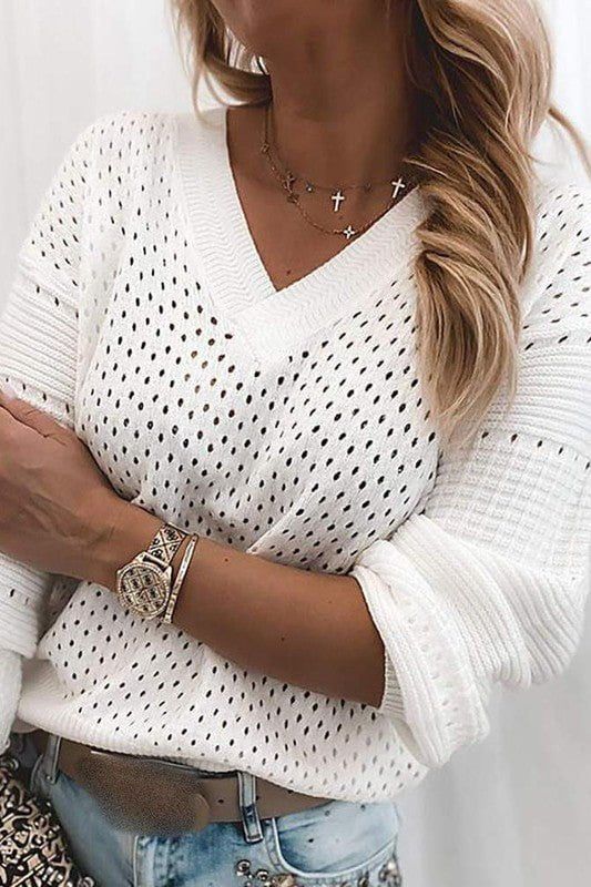 Hollow Out Long Sleeve Knit Sweater - White sold by Petal & Pup product image thumbnail 3
