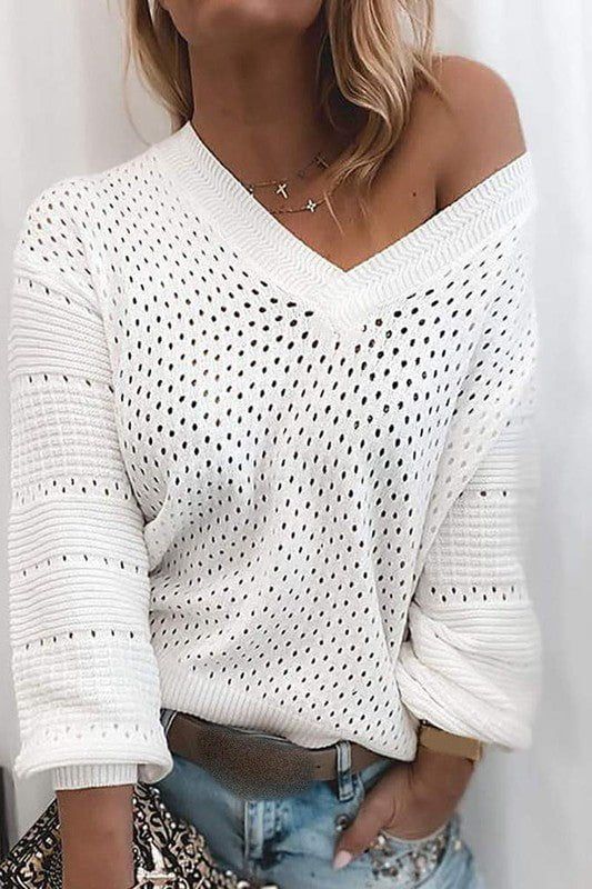 Hollow Out Long Sleeve Knit Sweater - White sold by Petal & Pup product image thumbnail 4