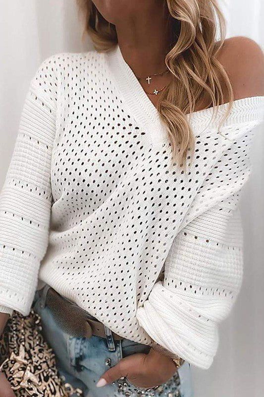 Hollow Out Long Sleeve Knit Sweater - White sold by Petal & Pup