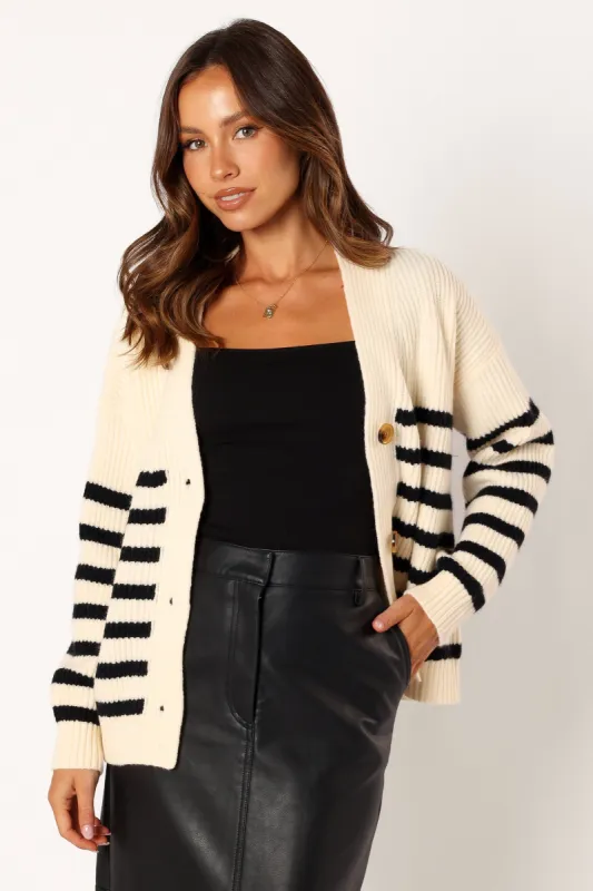 Sapphire Striped Button Front Cardigan - Beige Black sold by Petal & Pup