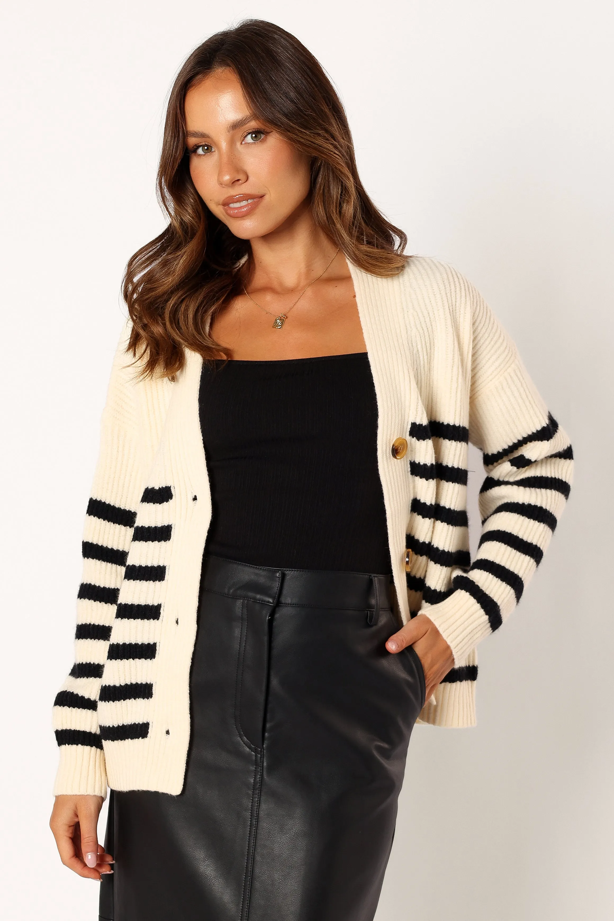 Sapphire Striped Button Front Cardigan - Beige Black sold by Petal & Pup