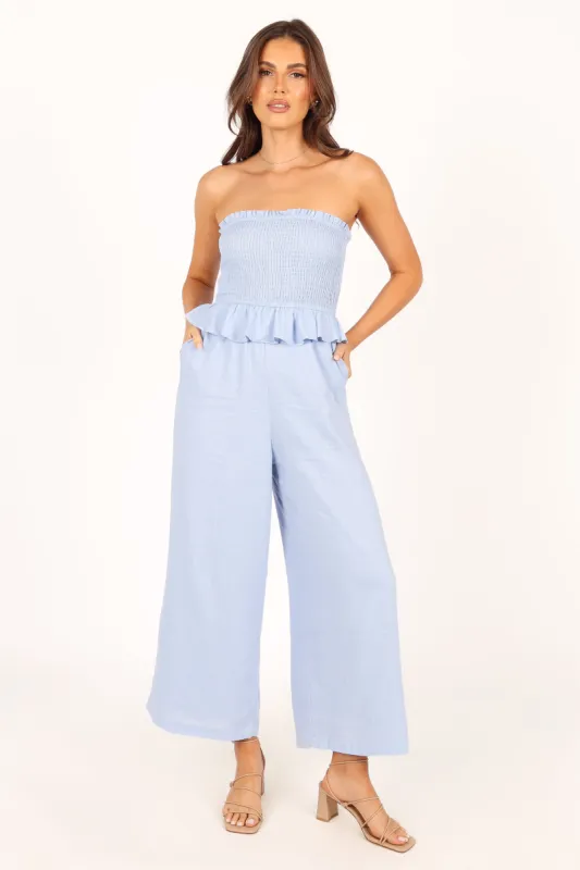 Elle Strapless Linen Jumpsuit - Blue sold by Petal & Pup